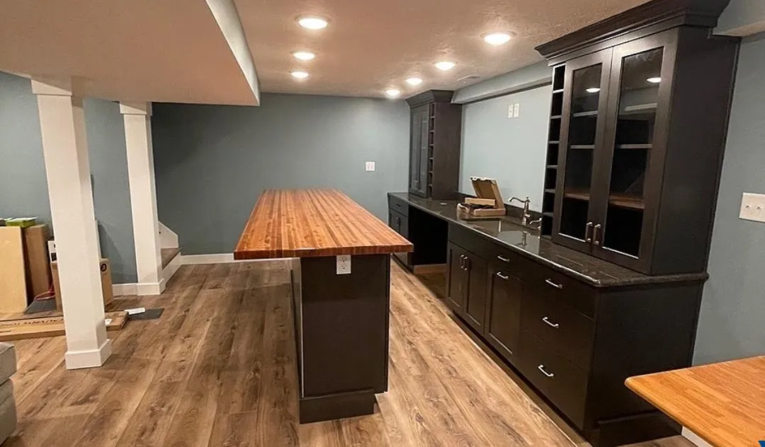 basement remodel finished wet bar butcher block
