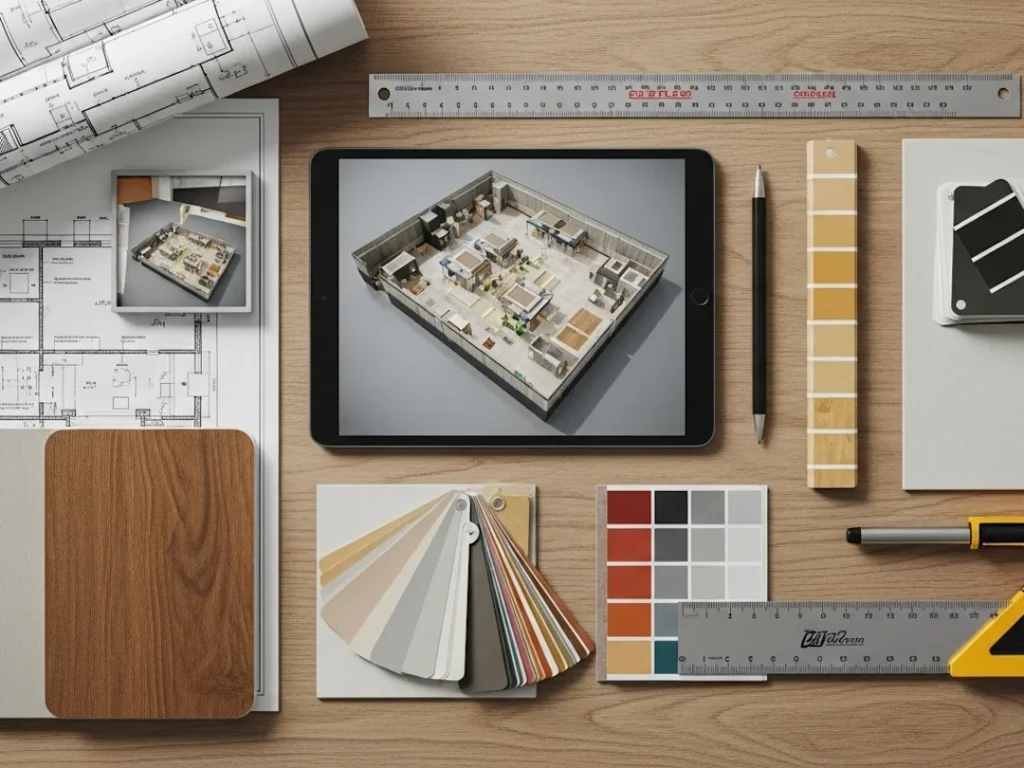 commercial remodel blueprint 3d render design flatlay