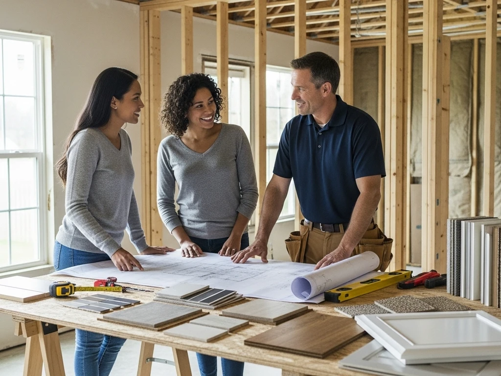 homeowners contractor reviewing remodel plan