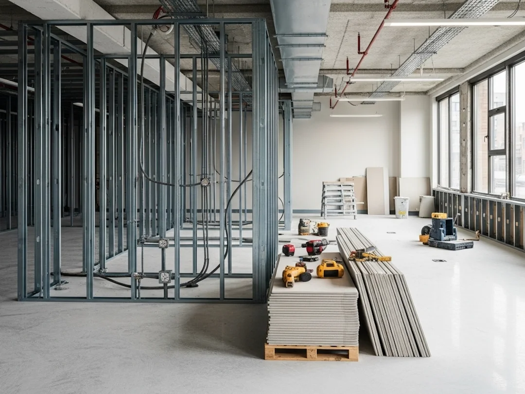 modern office renovation progress metal stud framing