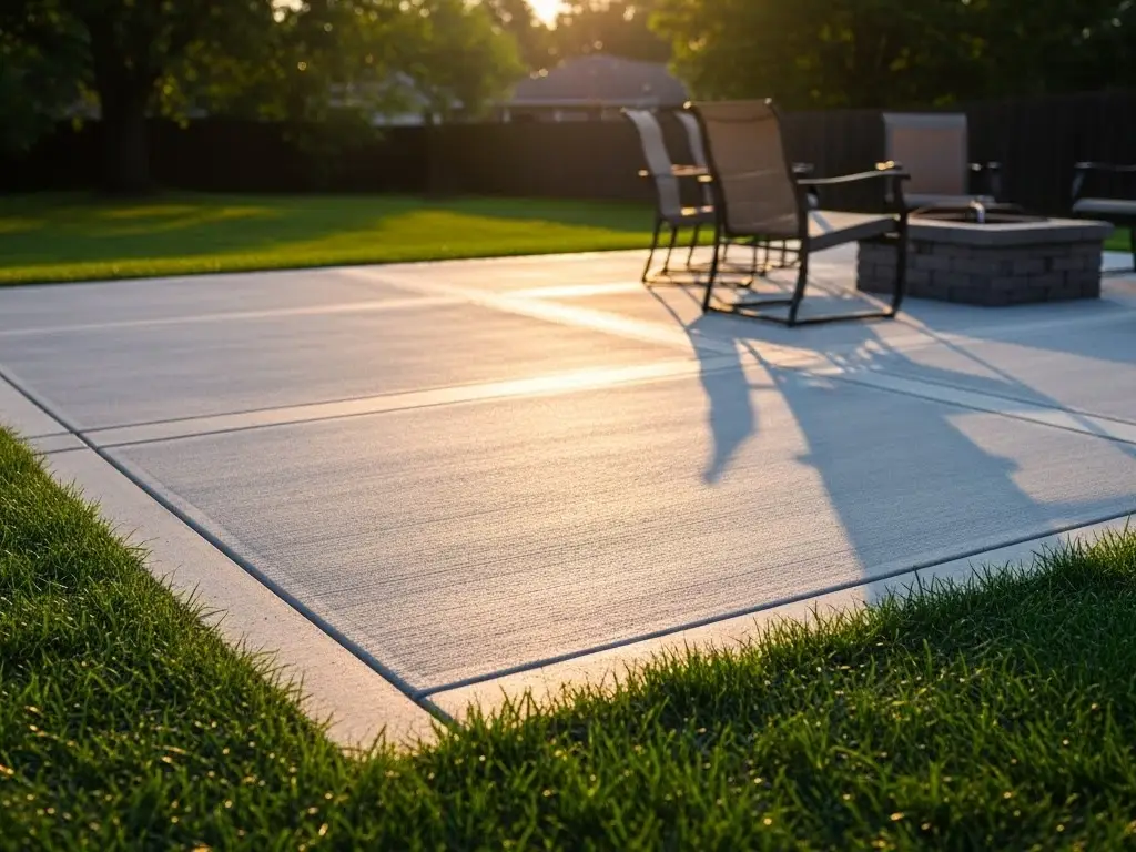 backyard concrete patio fire pit sunset