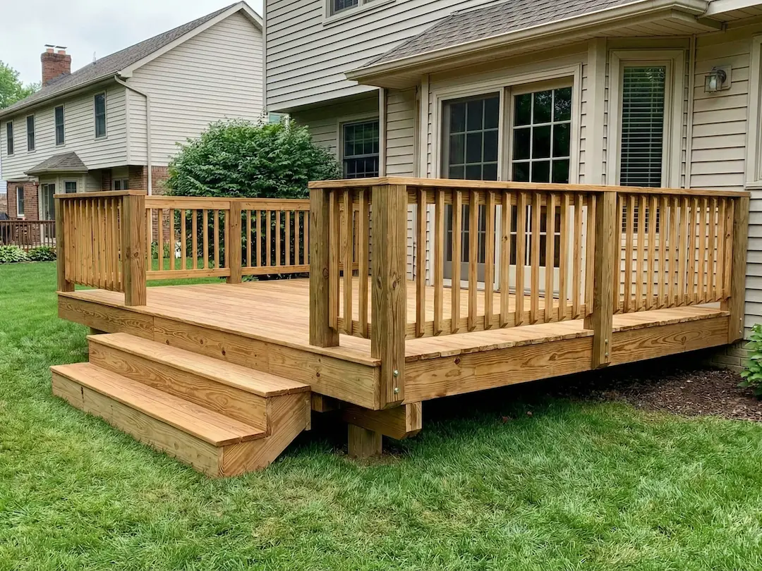 new wooden deck stairs railings suburban backyard