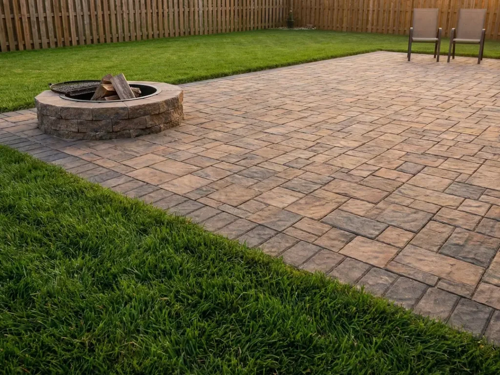 paver patio built in fire pit suburban backyard