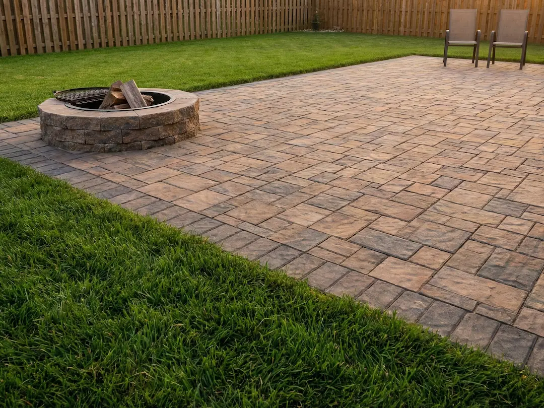 paver patio built in fire pit suburban backyard