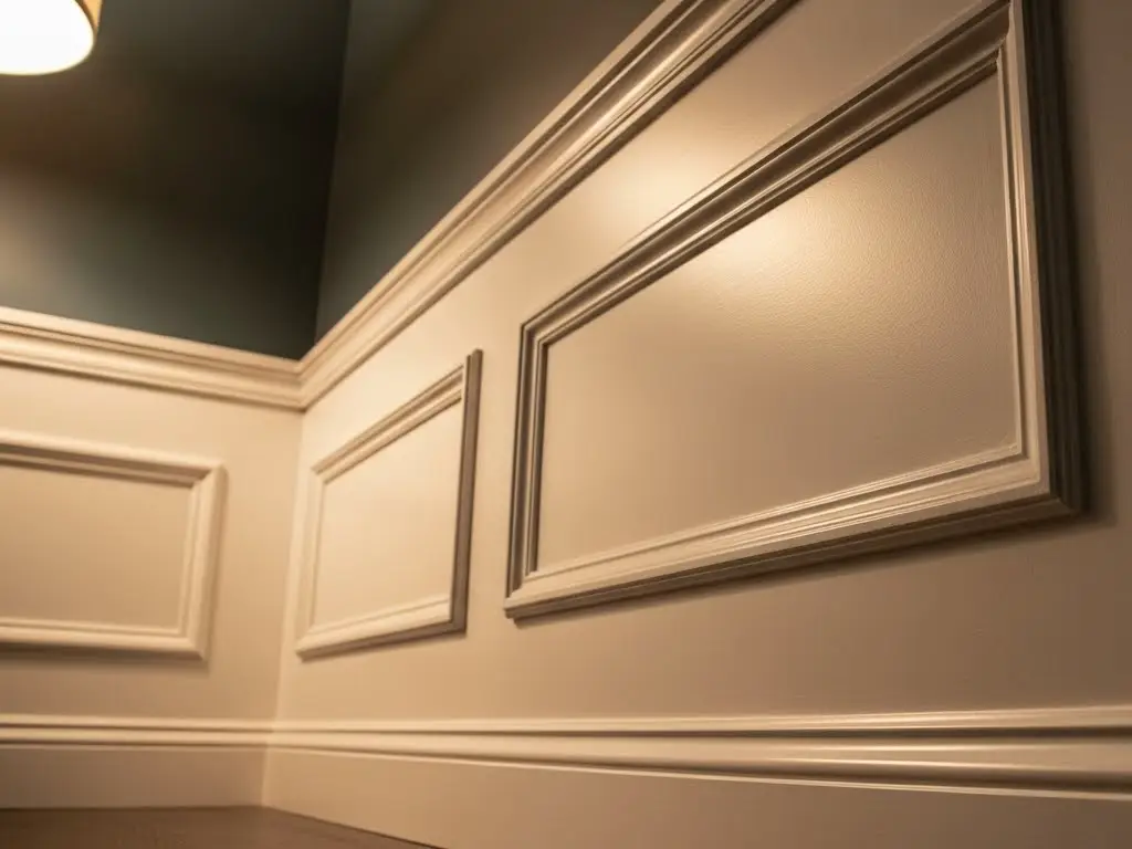 white wainscoting and crown molding corner detail