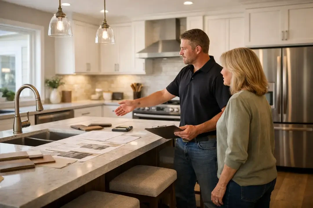 Remodeler and homeowners reviewing kitchen renovation plans together at a kitchen island during a first consultation
