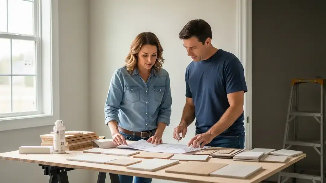 Homeowners reviewing renovation blueprints and material samples together while planning a remodel budget